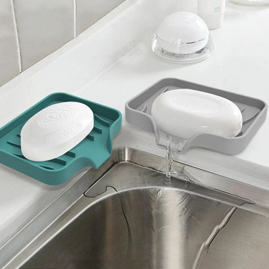 NEW Silicone Self Draining Soap Dish Holder Tray Sink Sponge Caddy Organizer