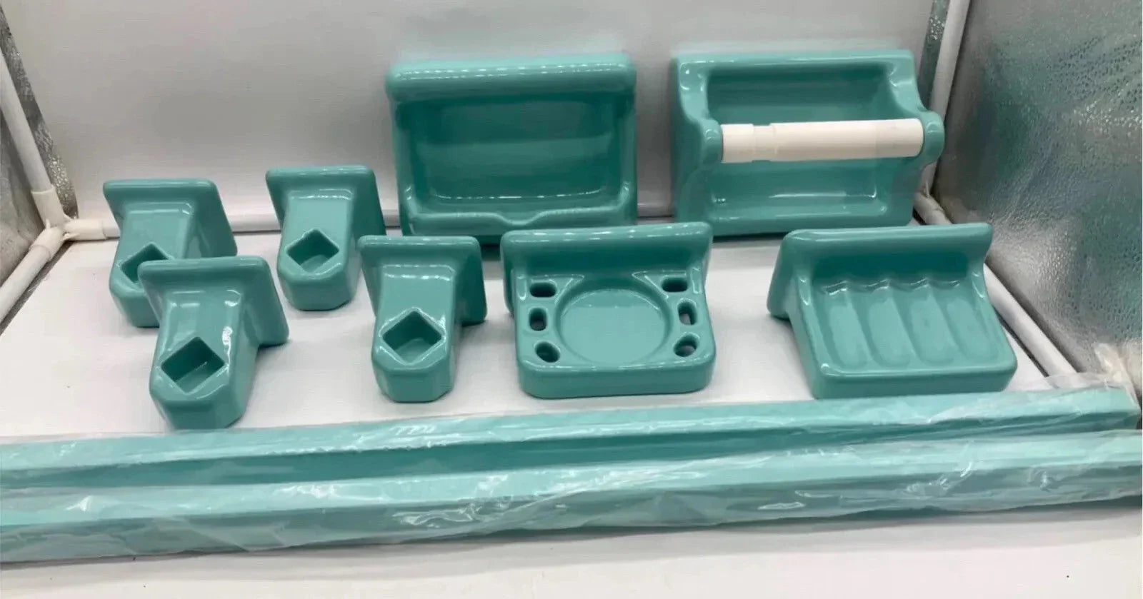 Vintage 10pc. MCM Ceramic Bathroom Porcelain Accessory Set Turquoise Blue Aqua