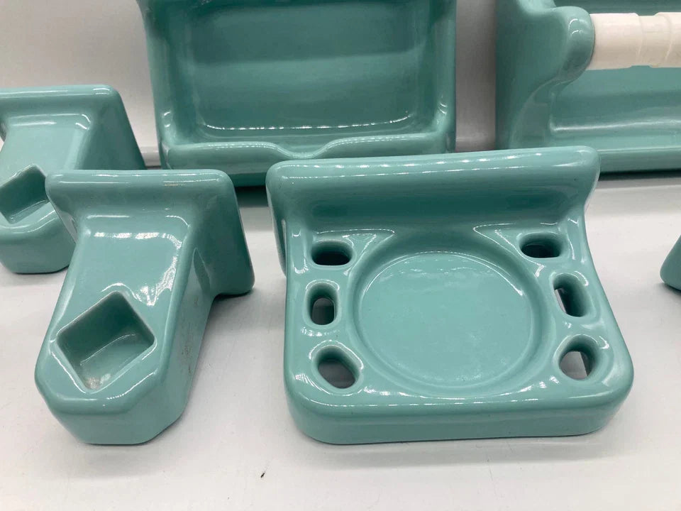 Vintage 10pc. MCM Ceramic Bathroom Porcelain Accessory Set Turquoise Blue Aqua