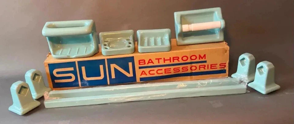 Vintage 10pc. MCM Ceramic Bathroom Porcelain Accessory Set Turquoise Blue Aqua